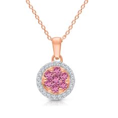 Kallati Pink Sapphire and 1/8ctw Diamond Halo Rose Gold Pendant Necklace