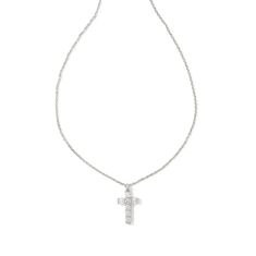Kendra Scott Gracie Cross Short Pendant Necklace in White Crystal, Rhodium-Plated