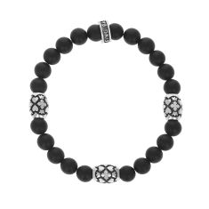 King Baby Black Onyx Beaded Bracelet with 3 Sterling Silver Motif Barrel Beads | 8.75 Inches
