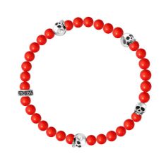 King Baby Red Coral Beaded Stretch Bracelet with 4 Sterling Silver Skulls | 6mm