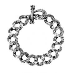 King Baby Small Day of the Dead Carved Link Sterling Silver Bracelet | 8.75 Inches