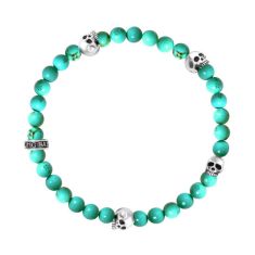 King Baby Turquoise Beaded Stretch Bracelet with 4 Sterling Silver Skulls | 6mm
