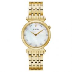 Ladies Bulova Classic Regatta Diamond Accent Gold Tone Stainless Steel Watch 30mm 97P149 REEDS Jewelers