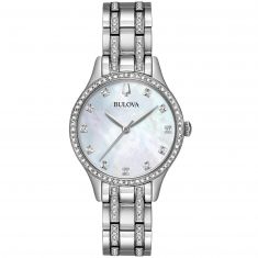 Ladies' Bulova Crystal Mother of Pearl Dial Stainless Steel Watch and Two Bangle Bracelet Set | 32mm| 96X145