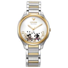 Ladies' Citizen Eco-Drive Falling Mickey and Minnie Mouse Two-Tone Bracelet Watch | 35mm | EM0754-59W