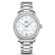 image of Ladies' OMEGA Seamaster Aqua Terra Co-Axial Master Chronometer Chronograph 34mm White Mother-of-Pearl Dial and Diamond Watch O22015342055001 with sku:19799329