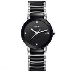 Ladies' Rado Centrix Diamonds Two-Tone Black Ceramic and Stainless Steel Watch R30935712