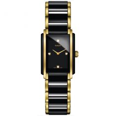 Ladies' Rado Integral Diamonds Rectangular Case Black Ceramic and Gold-Tone Watch R20845712