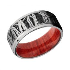 Lashbrook Cobalt Chrome Aspen Tree Pattern with Red Heart Wood Sleeve Comfort Fit Band, 9mm
