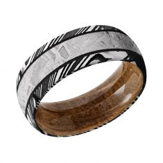 image of Lashbrook Woodgrain Damascus Steel with Meteorite Inlay and Whiskey Barrel Wood Sleeve Comfort Fit Band, 8mm with sku:D8D14-HWSLV-WDGR-MET-MGA
