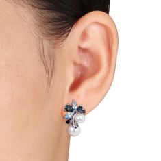 London and Sky Blue Topaz, Sapphire and Freshwater Cultured Pearl Cluster Earrings and Necklace Set