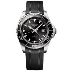 Longines HydroConquest GMT Black Dial Black Leather Strap Watch 43mm - L38904569