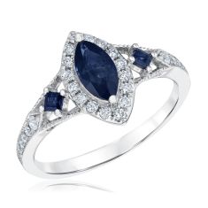 Marquise Blue Sapphire and 1/4ctw Diamond Halo White Gold Ring