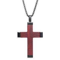Men's Black Ion-Plated Stainless Steel and Wood Cross Pendant Necklace