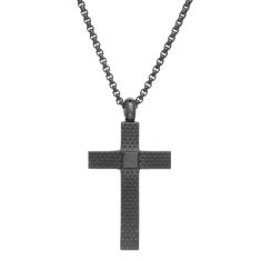 Men's Black Ion-Plated Stainless Steel Dotted Textured Cross Pendant Necklace