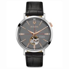 Men's Bulova Classic Aerojet Automatic Grey Dial Black Leather Watch | 41mm  | 98A187