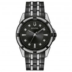 Men's Bulova Crystal Black Stainless Steel Watch and ID Bracelet Set | 42mm | 98K109