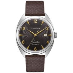 Men's Bulova Frank Sinatra 'Fly Me To The Moon' Brown Leather Strap Black Dial Watch | 39mm | 96B348