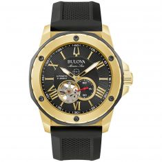 Men's Bulova Marine Star Black and Gold-Tone Silicone Strap Watch | 45mm | 98A272