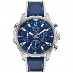 Men's Bulova Marine Star Blue Dial Chronograph Leather and Silicone Strap Watch | 43mm | 96B287