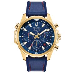 Men's Bulova Marine Star Blue Dial Chronograph Leather and Silicone Strap Watch | 43mm | 97B168