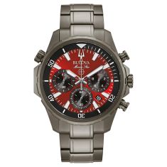 Men's Bulova Marine Star Red Dial Chronograph Grey Stainless Steel Watch | 43mm | 98B350