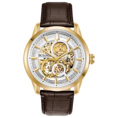 Men's Bulova Classic Sutton Automatic Skeleton Dial Brown Leather Strap Watch | 43mm | 97A138