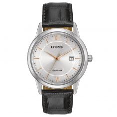 Men's Citizen Eco-Drive Corso Straps Black Leather Silver-Tone Dial Watch | 39mm | AW1236-03A