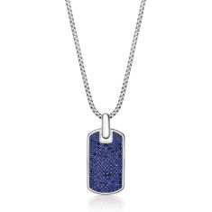 Men's Created Blue Sapphire Sterling Silver Dog Tag Pendant Necklace