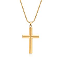 Men's Gold-Tone Ion-Plated Stainless Steel Satin Finish Cross Pendant Necklace