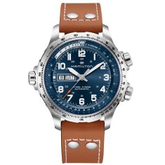 Men's Hamilton Khaki Aviation X-Wind Day Date Auto Brown Leather Strap Watch H77765541