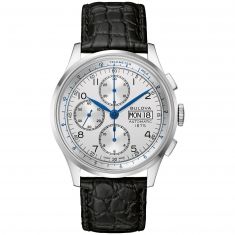 Men's Joseph Bulova Silver-White Chronograph Dial and Black Leather Strap Watch | 42mm | 96C145