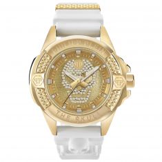Men's Philipp Plein The Skull Titan Gold Ion-Plated White Silicone Strap Watch | PWAAA1221