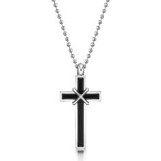 Men's Stainless Steel and Black Ion-Plated Cross and X Overlay Pendant Necklace