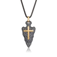 Men's Stainless Steel Hammered Arrow Head and Cross Pendant Necklace