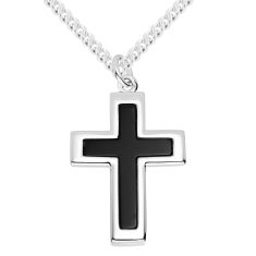 Men's Sterling Silver Black Onyx Cross Pendant and Stainless Steel Chain Necklace 30mm