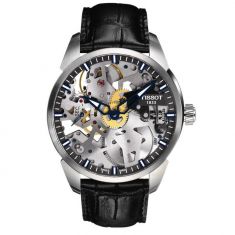image of Tissot T-Complication Squelette Mechanical Black Leather Strap Watch 43mm - T0704051641100 with sku:T0704051641100