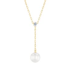 MIKIMOTO 7.5mm Akoya Cultured Pearl and Diamond Accent Y-Necklace in Yellow Gold