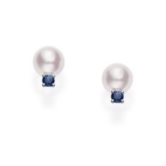 MIKIMOTO Akoya Cultured Pearl Earrings with Sapphire in 18k White Gold