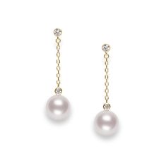 MIKIMOTO Classic Akoya Cultured Pearl and Diamond Drop Earrings in Yellow Gold