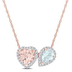 Morganite, Aquamarine, and 1/5ctw Diamond Heart and Pear Rose Gold Pendant Necklace