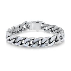 Mother-of-Pearl Inlay and Stainless Steel Solid Curb Link Chain Bracelet 12mm - 8.5 Inches