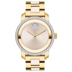 Movado BOLD Crystal Bezel and Ionic Light Gold Plated And Taupe Ceramic Link Bracelet Watch | 36.3mm | 3600882