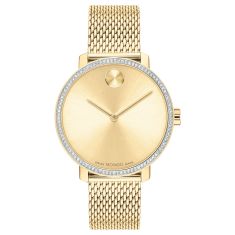 Ladies Movado BOLD Evolution Rainbow Crystal Pale Yellow Gold Tone Watch 34mm 3600699 REEDS Jewelers