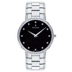 image of Movado Faceto Diamond Black Dial Stainless Steel Watch 39mm - 0607482 with sku:20530333