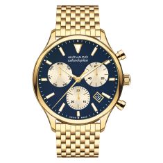 Movado Heritage Series Calendoplan Navy Super-Luminnova Dial Gold Ionic-Plated Stainless Steel Bracelet Watch | 43mm | 3650150