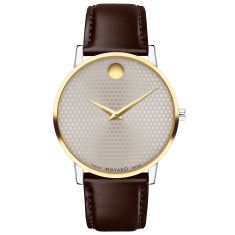 Movado Museum Classic Silver-Tone Metallic Dial Brown Leather Strap Watch  | 40mm | 0607800