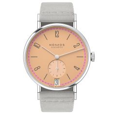 NOMOS Tangente 38 Date Pastell Coral Pink Dial Grey Fabric Strap Limited Edition Watch 37.5mm - 179.S21