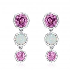 Octagon Created Pink Sapphire and Created Opal Sterling Silver Drop Earrings