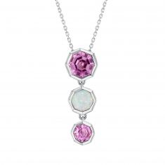 Octagon Created Pink Sapphire and Created Opal Sterling Silver Pendant Necklace